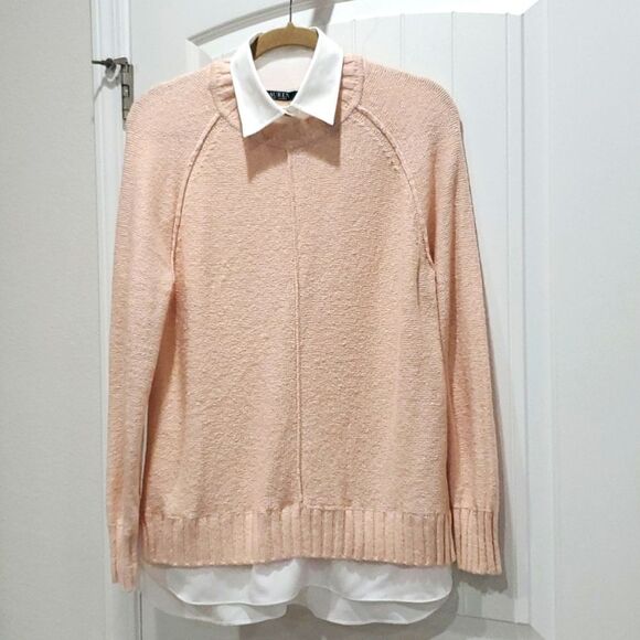 Lauren Ralph Lauren Pull Over Peach Cardigan, Faux Collar, Size Medium - Picture 1 of 9